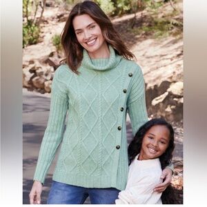NWT SOFT SURROUNDINGS AUDETTE CABLE KNIT SIDE BUTTON SAGE COWL NECK SWEATER PM